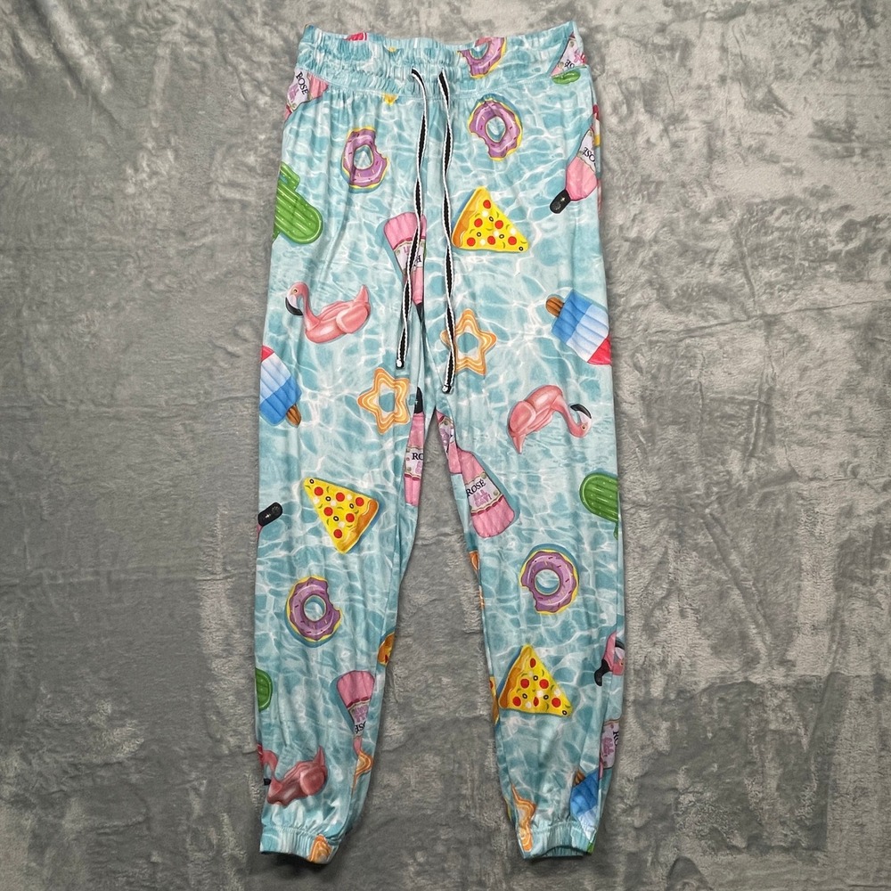 Briefly Stated Pool Party Pajama Pants Blue Flamingo Pizza Size Small‎